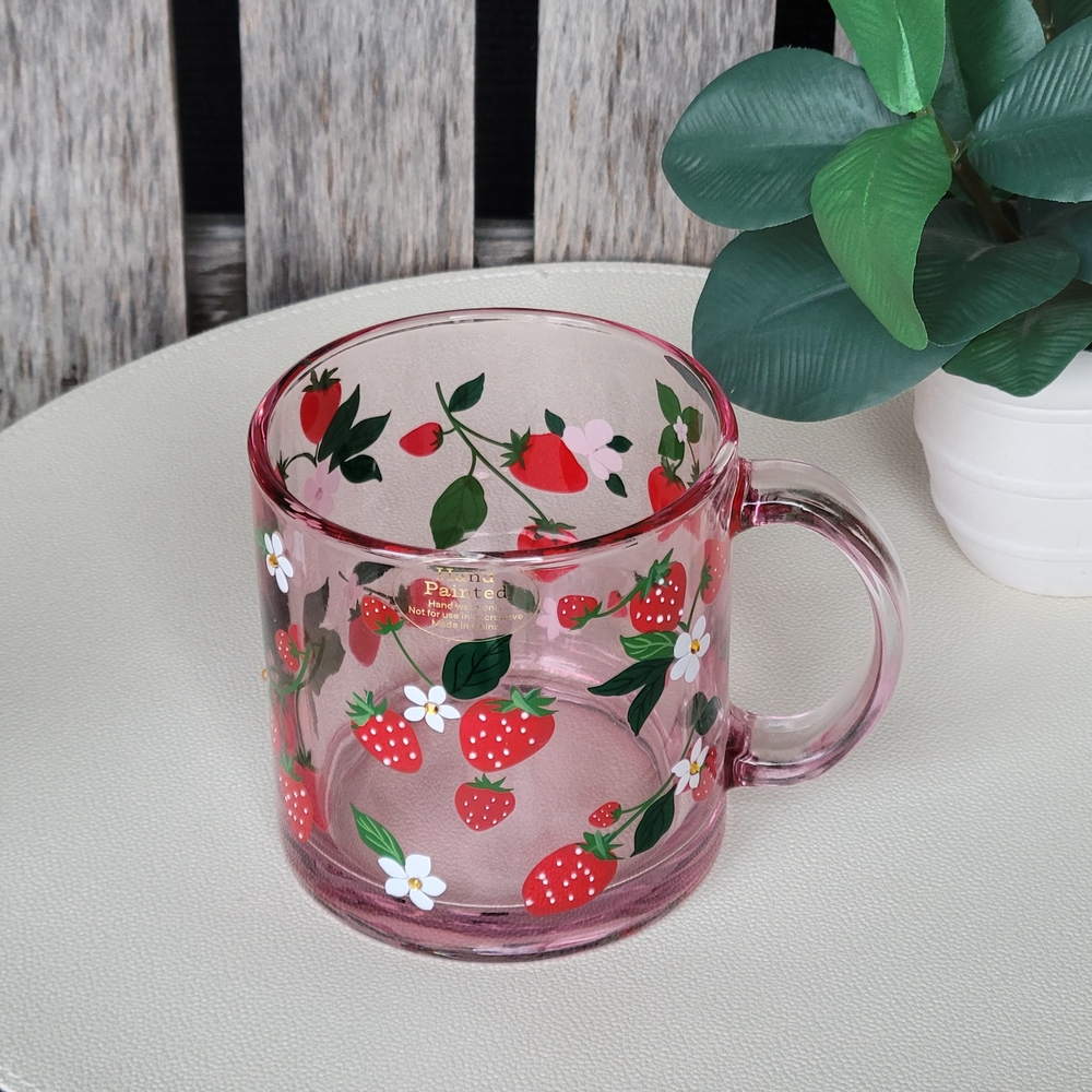 Strawberry Handpainted Pink Transparent Glass Mug